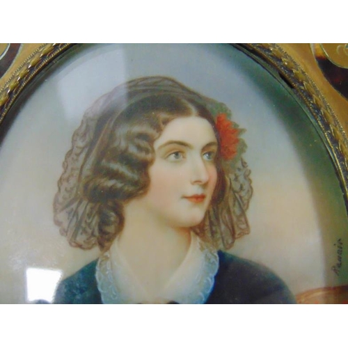 38 - Late 19th century miniature on ivory, half length portrait of a young lady, in boulle frame, 5 x 4