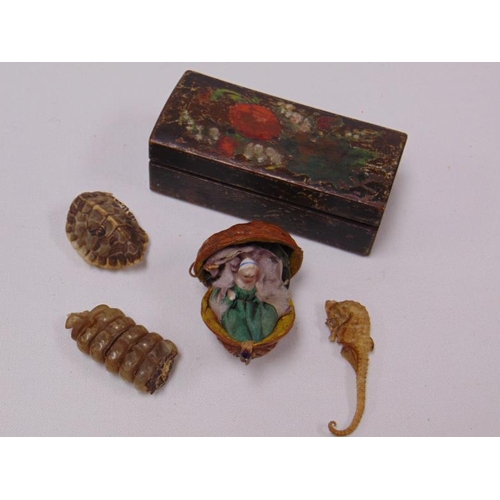 39 - Hinged walnut shell containing a miniature china doll, with other curios incl. a dried seahorse.