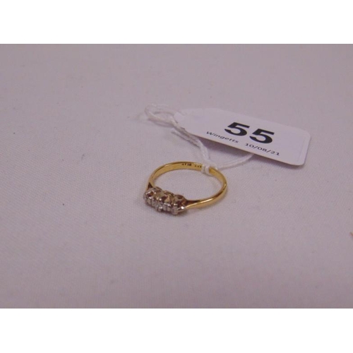 55 - 18ct yellow gold three stone diamond ring, size P, 2.9g.