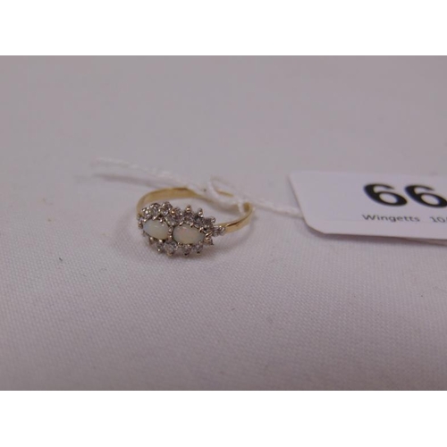 66 - 9ct yellow gold (tested) opal and white stone ring, size O, 1.4g.