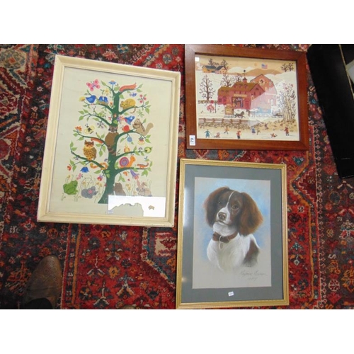 79 - Two woolwork pictures and a chalk sketch of a Spaniel.