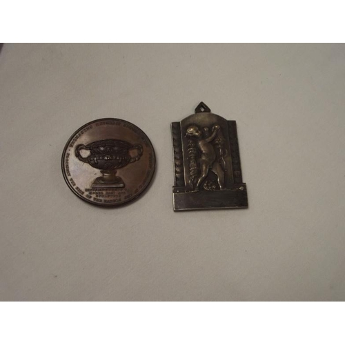 30 - Large Bronze medallion depicting Thomasons  Metallic Bronze vase 1829, and a Belgian Plaquette. (2).