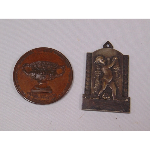 30 - Large Bronze medallion depicting Thomasons  Metallic Bronze vase 1829, and a Belgian Plaquette. (2).