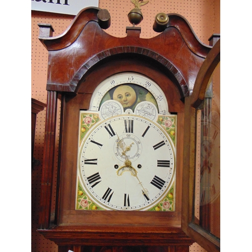 378 - 19th century oak and mahogany 8 day long case clock, the painted dial decorated with rolling moon an... 