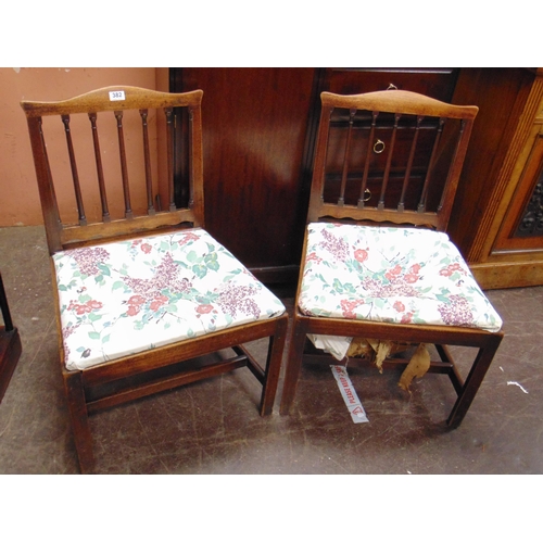 382 - Pair of mahogany rail back side chairs, each having upholstered seats, on plain supports and stretch... 