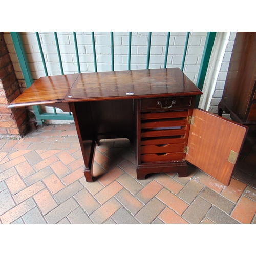 432 - Mahogany drop leaf desk, rectangular top, single drawer and cupboard revealing six further drawers a... 