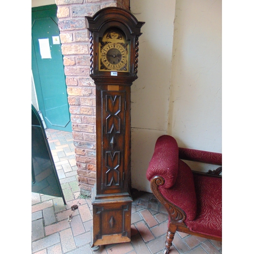 445 - An oak cased Grandmother clock, having gilt metal dial and barley twist columns - for restoration, 6... 