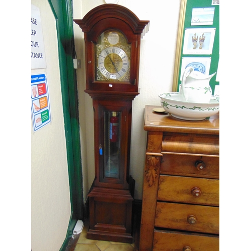 447 - Julian Stanton Winchester reproduction Grandmother clock, mahogany case, gilt metal and silver dial,... 