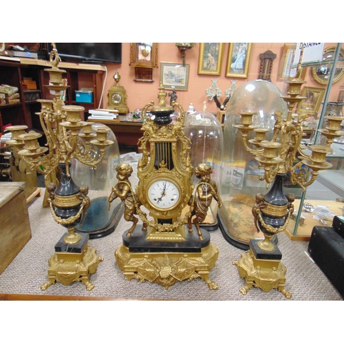 1 - Ornate French gilt metal and marble clock garniture set, the clock with eight day movement striking ... 