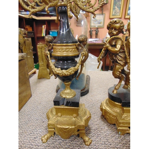 1 - Ornate French gilt metal and marble clock garniture set, the clock with eight day movement striking ... 