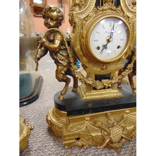 1 - Ornate French gilt metal and marble clock garniture set, the clock with eight day movement striking ... 