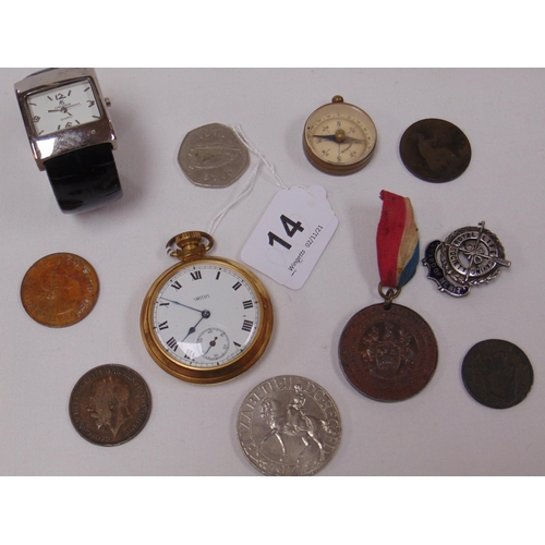 14 - Smiths gilt metal cased pocket watch, with various trinkets / coins.