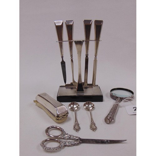 20 - Art Deco silver manicure set on stand with engine turned decoration, pair of silver spoons, silver h... 