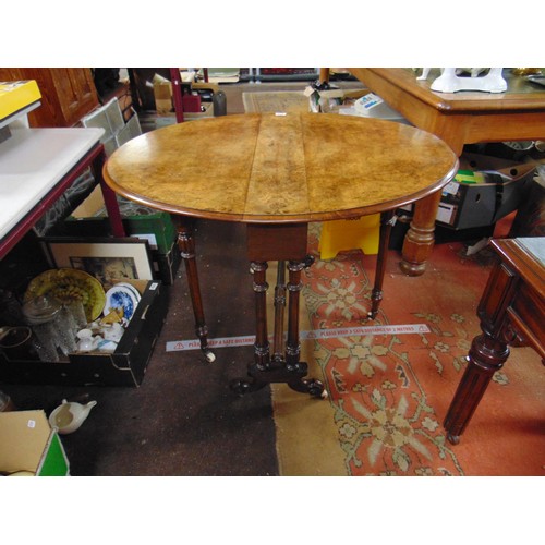 308 - 19th century walnut Sutherland table, oval drop leaves, fluted turned supports and on pottery castor... 