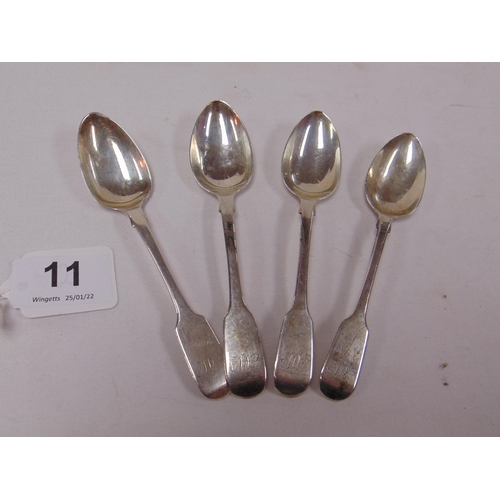 11 - Set of four George III fiddle pattern  silver teaspoons, London 1795, 2.25ozt.