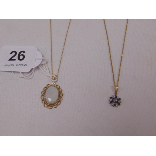 26 - 9ct gold mounted opal pendant and chain, and another 9ct gold pendant and chain, 6.5g total.