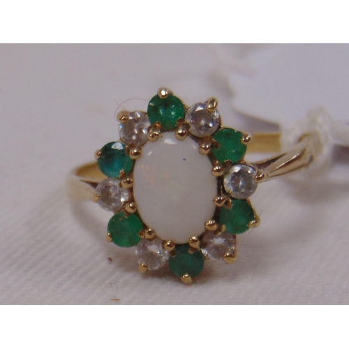27 - 9ct gold opal, emerald and diamond ring, size R, 2.9g.