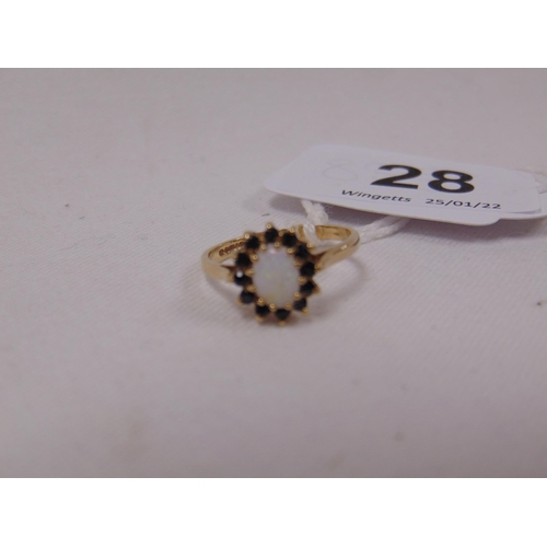 28 - 9ct gold opal and garnet ring, size O, 1.9g.