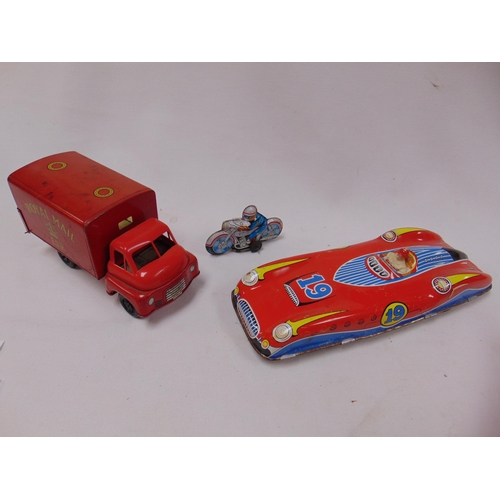 49 - Vintage tinplate Royal Mail van, British tinplate Racing Car etc.