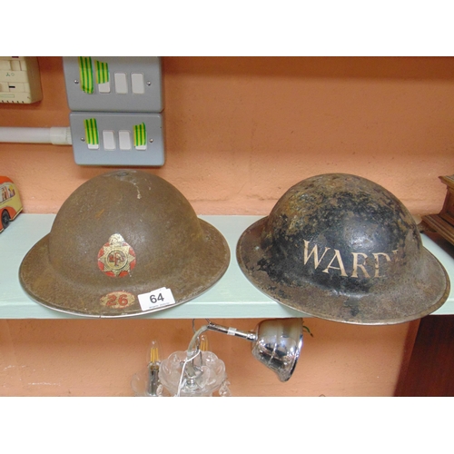 64 - Two WWII steel helmets, Warden and Fire Service.