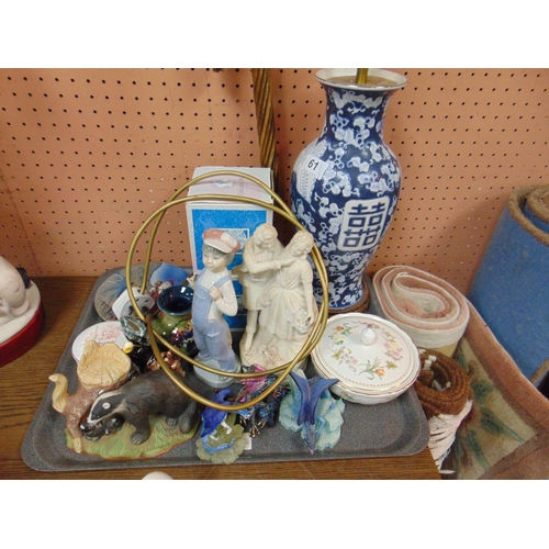 61 - Blue and white table lamp, various ornaments etc.