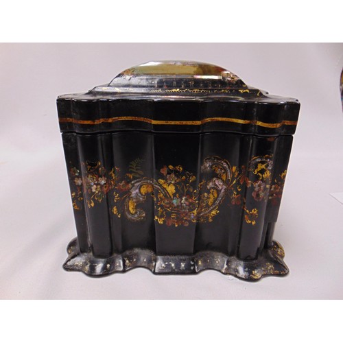 20 - Victorian black lacquered papier mache ladies travelling vanity set of serpentine form, gilded and i... 