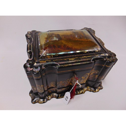 20 - Victorian black lacquered papier mache ladies travelling vanity set of serpentine form, gilded and i... 