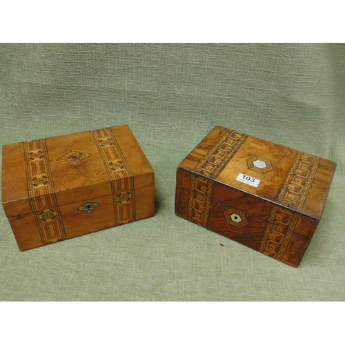 103 - Two parquetry inlaid walnut trinket boxes.