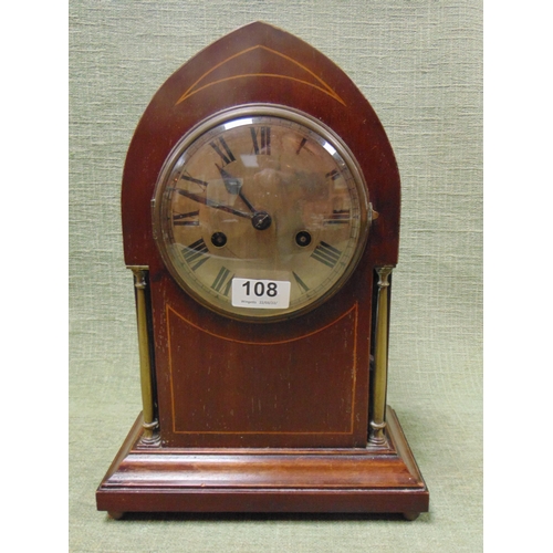 108 - Edwardian inlaid mahogany mantle clock, 8 day movement striking on a gong.