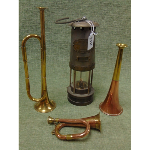 112 - Miner's lamp, copper hunting horn and two small bugles.