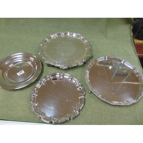 145 - Three good quality plated salvers and a circular plated dish.