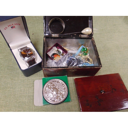 166 - Lacquered box, costume jewellery etc.