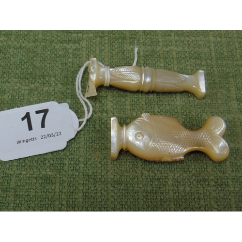 17 - Chinese mother of pearl seal carved as a fish, 2.25