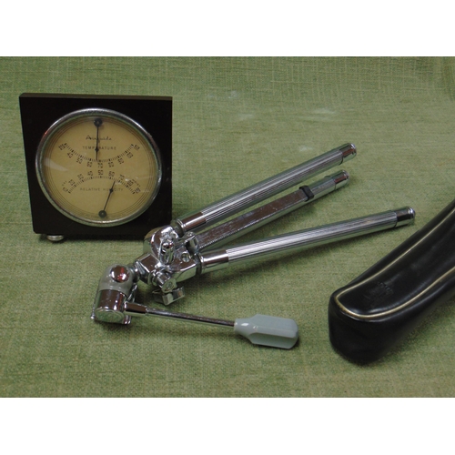 172 - Art Deco bakelite desk barometer with humidity gauge, and a vintage camera tripod in case.