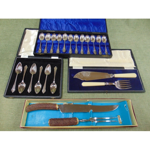 177 - Cased set of six grapefruit spoons, cased pair of fish servers, antler handled carving set etc.