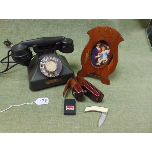 178 - Vintage bakelite telephone, The Reliance Telephone Company, Zippo lighter and pocket knife in leathe... 