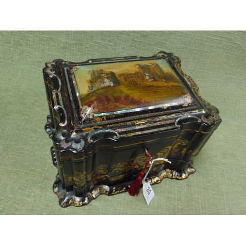 20 - Victorian black lacquered papier mache ladies travelling vanity set of serpentine form, gilded and i... 