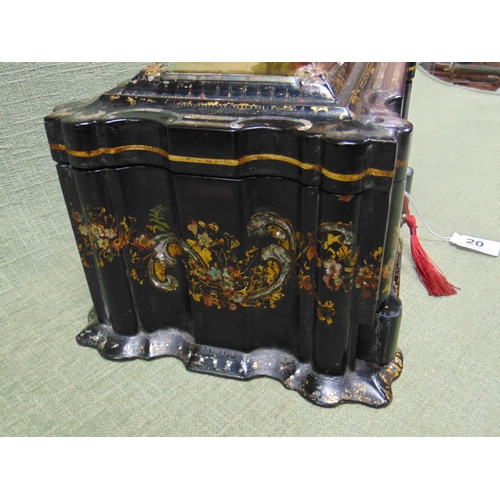 20 - Victorian black lacquered papier mache ladies travelling vanity set of serpentine form, gilded and i... 