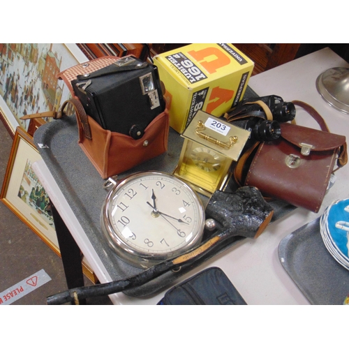 203 - Cased Kodak Brownie Flash II camera, pair of Carl Zeiss Jena 8 x 30 binoculars, carriage clock , etc... 