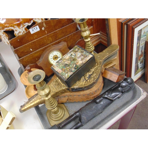 212 - Two pairs of bellows, letter rack, pair of brass candles, ebony figures, etc.