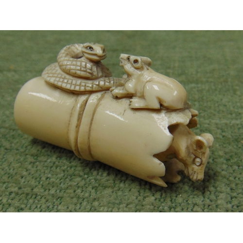 30 - 19th century ivory netsuke carved as a piece of bamboo with a rat emerging from one end and a rat an... 