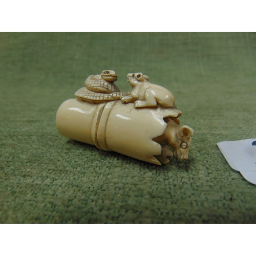 30 - 19th century ivory netsuke carved as a piece of bamboo with a rat emerging from one end and a rat an... 