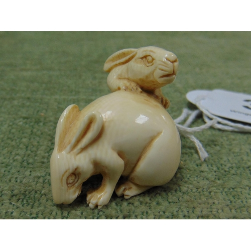 31 - Antique ivory netsuke, two Hares, signed, 1.5