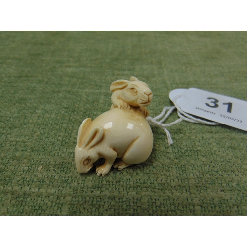 31 - Antique ivory netsuke, two Hares, signed, 1.5