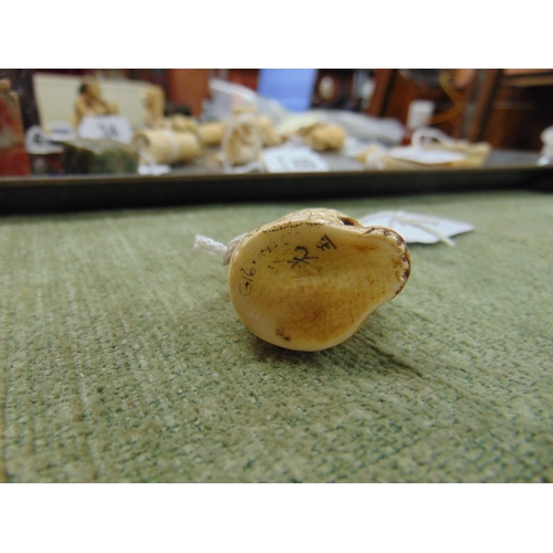 32 - 19th century ivory netsuke, coiled up snake atop a human skull, signed, 1.75