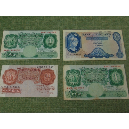 58 - 1950 ten Shilling note, Beale J852, 1950 one Pound note, O' Brien A69L, 1950 one Pound note, O' Brie... 