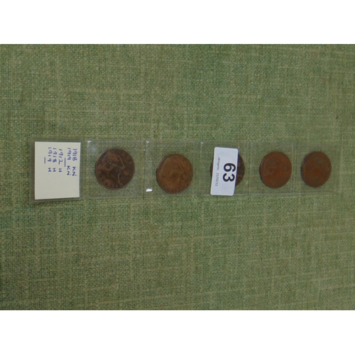 63 - Five antique Pennies, (two King's Norton and three Heaton Mint).