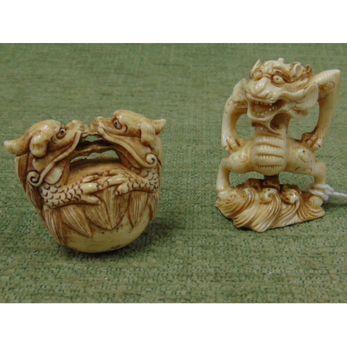 67 - 19th century ivory netsuke, demon, and another, dragons.