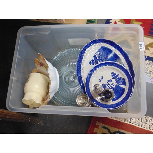 119 - Various blue and white plates, glass cake stand with cover, plated tea service etc.