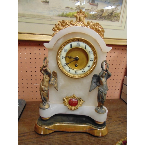 118 - 19th century alabaster mantle clock with gilt metal mounts, under glass dome, 15.5